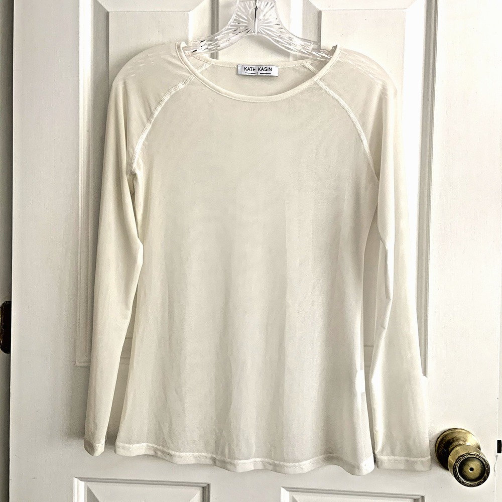 EUC Kate Kasin Sheer Mesh White Long Sleeve Crew Neck Raglan Sleeve Top sz L